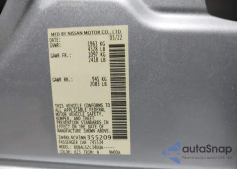 2022 Nissan Altima Sr Fwd из США, поврежденный, VIN 1N4BL4CV3NN355209